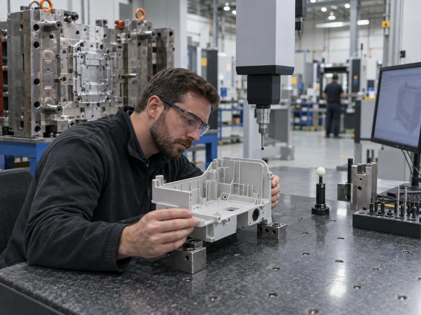  Injection molded prototype undergoing dimensional verification after material testing