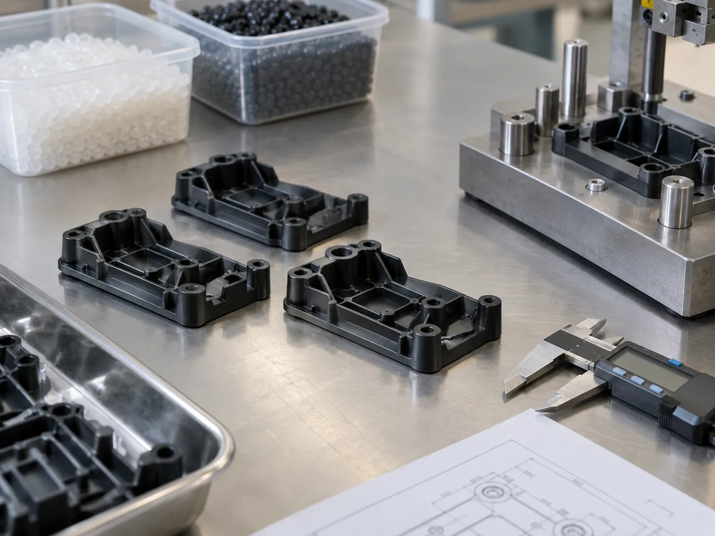 Production resin and injection molded prototype parts prepared for dimensional validation